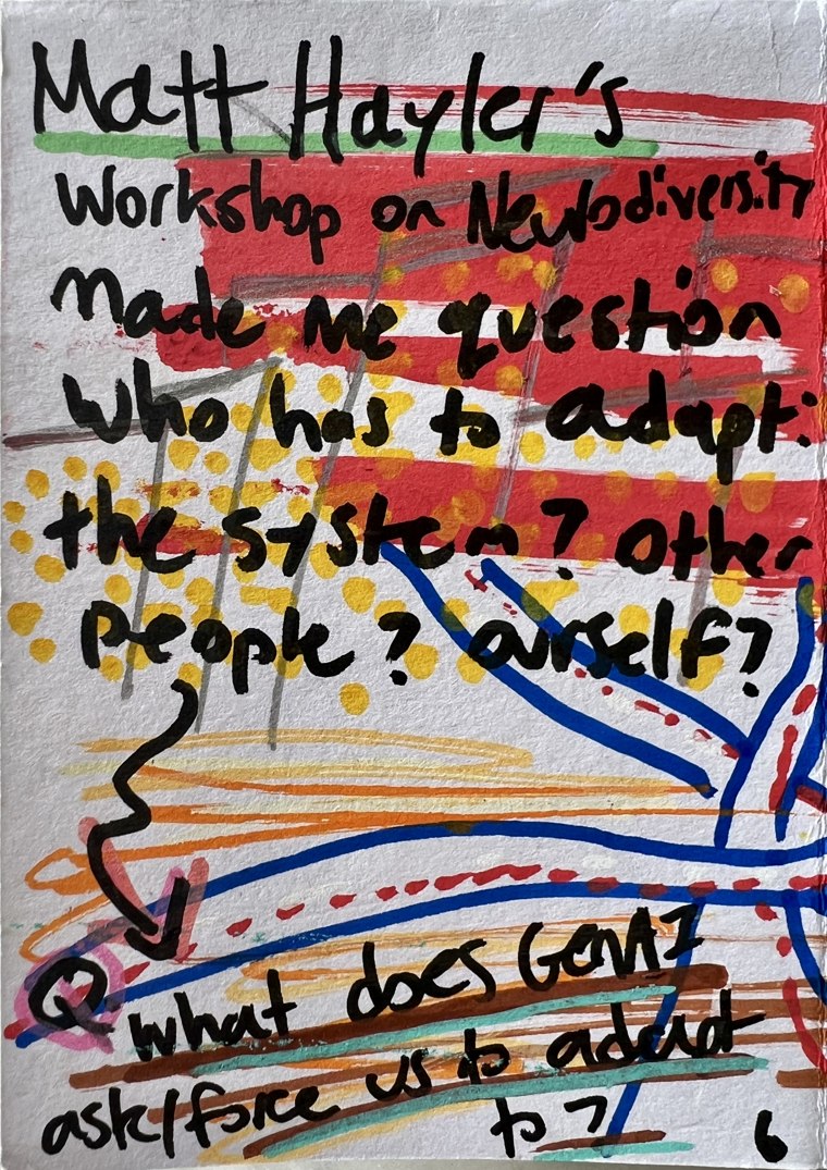 Hand-painted zine, page 6. Full wording and a visual description are available alongside this photograph.