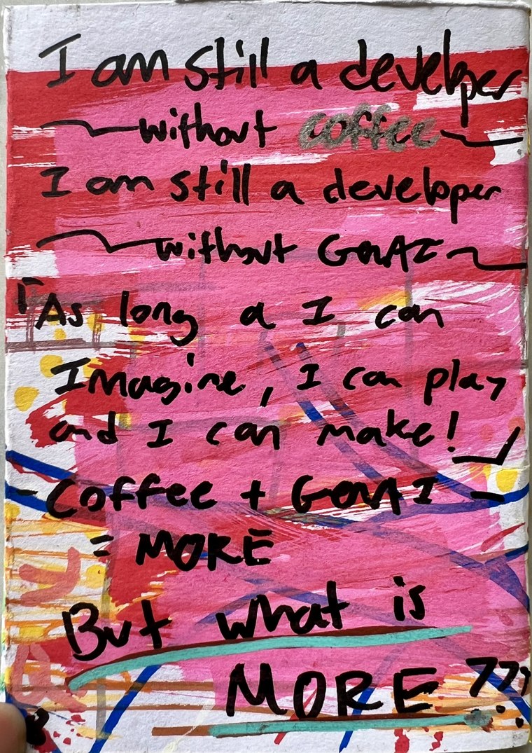 Hand-painted zine, page 8. Full wording and a visual description are available alongside this photograph.